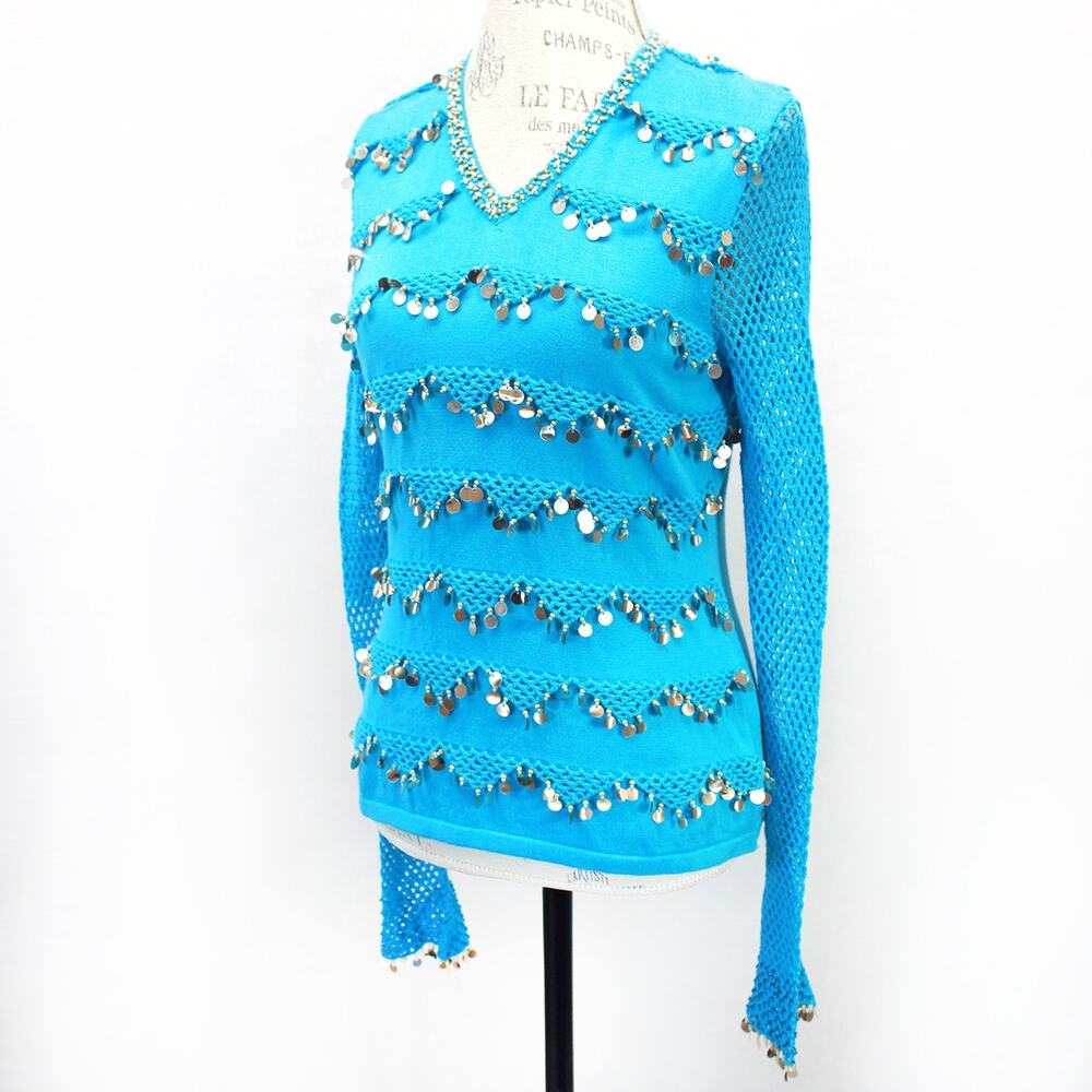 Berek Y2K turquoise blue crochet sequince festival sweater top medium Sample